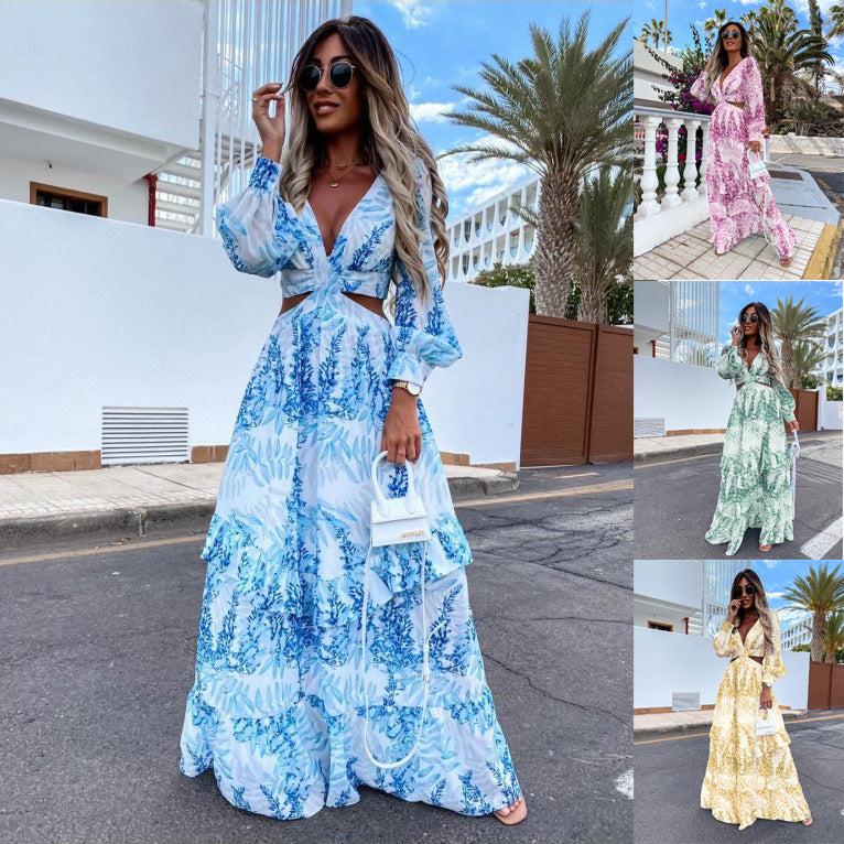 Women's Elegant V-neck Long Sleeve Maxi Dress Spring Summer Printed V-neck Long Sleeve Dress