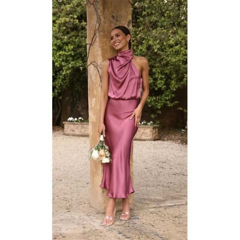 Sleeveless Halter Neck Dress Summer Fashion Temperament Evening Dresses for Women Clothing