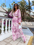 Women's Elegant V-neck Long Sleeve Maxi Dress Spring Summer Printed V-neck Long Sleeve Dress