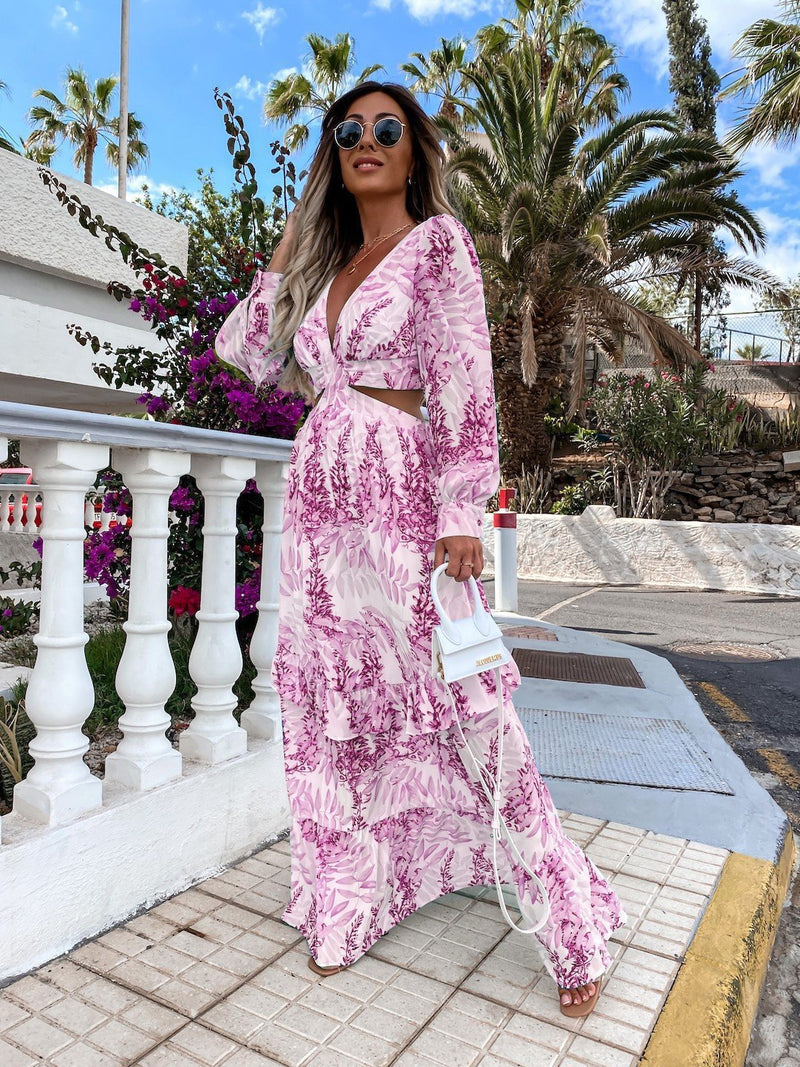 Women's Elegant V-neck Long Sleeve Maxi Dress Spring Summer Printed V-neck Long Sleeve Dress