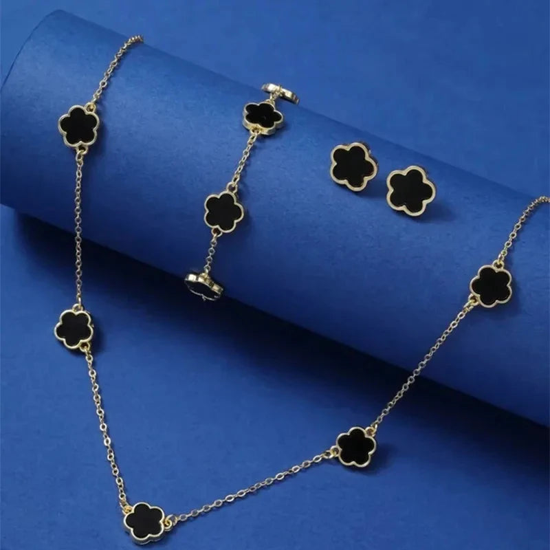 Lucky Five-Leaf Clover Five-Petal Flower Bracelet, Earrings and Necklace Three-Piece Set for Women Elegant Accessories Party Jewelry
