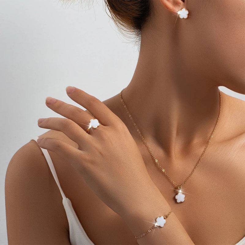 Lucky Five-Leaf Clover Five-Petal Flower Bracelet, Earrings and Necklace Three-Piece Set for Women Elegant Accessories Party Jewelry