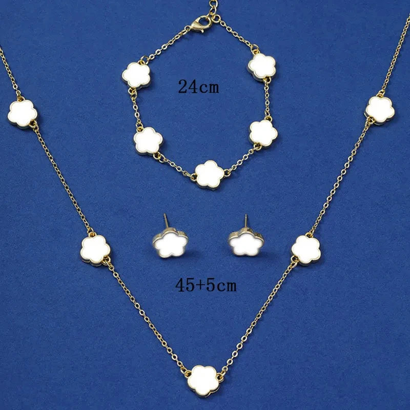 Lucky Five-Leaf Clover Five-Petal Flower Bracelet, Earrings and Necklace Three-Piece Set for Women Elegant Accessories Party Jewelry