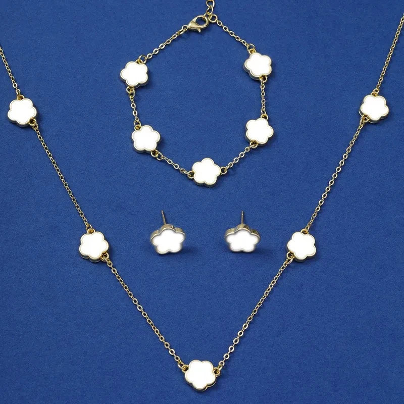 Lucky Five-Leaf Clover Five-Petal Flower Bracelet, Earrings and Necklace Three-Piece Set for Women Elegant Accessories Party Jewelry