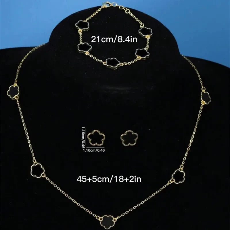 Lucky Five-Leaf Clover Five-Petal Flower Bracelet, Earrings and Necklace Three-Piece Set for Women Elegant Accessories Party Jewelry