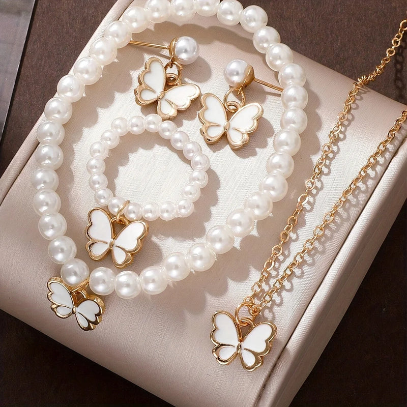 Lucky Five-Leaf Clover Five-Petal Flower Bracelet, Earrings and Necklace Three-Piece Set for Women Elegant Accessories Party Jewelry