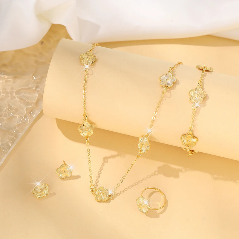 Lucky Five-Leaf Clover Five-Petal Flower Bracelet, Earrings and Necklace Three-Piece Set for Women Elegant Accessories Party Jewelry