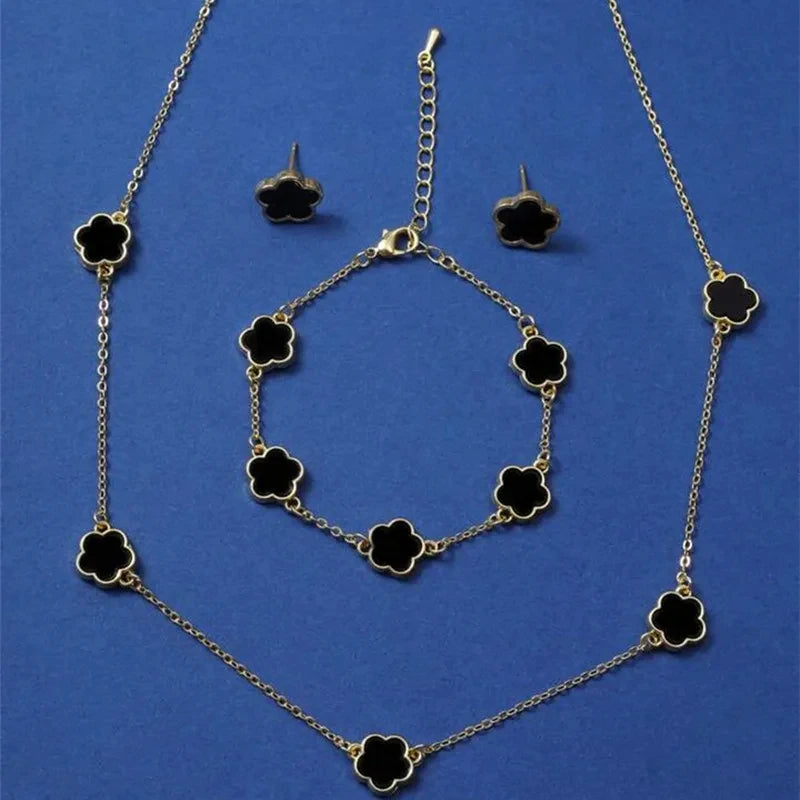 Lucky Five-Leaf Clover Five-Petal Flower Bracelet, Earrings and Necklace Three-Piece Set for Women Elegant Accessories Party Jewelry