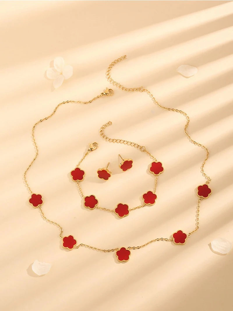 Lucky Five-Leaf Clover Five-Petal Flower Bracelet, Earrings and Necklace Three-Piece Set for Women Elegant Accessories Party Jewelry