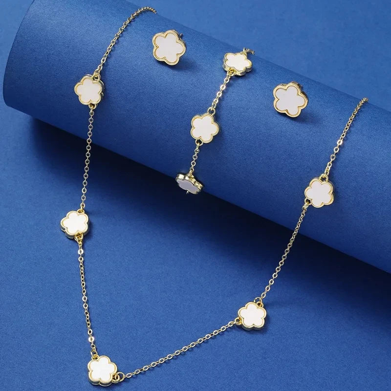 Lucky Five-Leaf Clover Five-Petal Flower Bracelet, Earrings and Necklace Three-Piece Set for Women Elegant Accessories Party Jewelry