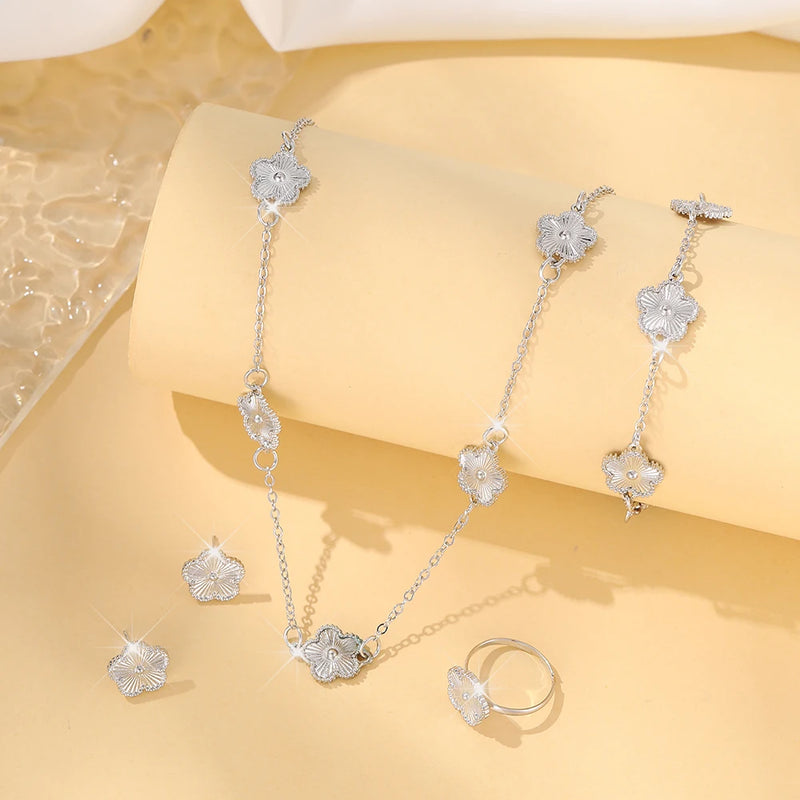 Lucky Five-Leaf Clover Five-Petal Flower Bracelet, Earrings and Necklace Three-Piece Set for Women Elegant Accessories Party Jewelry