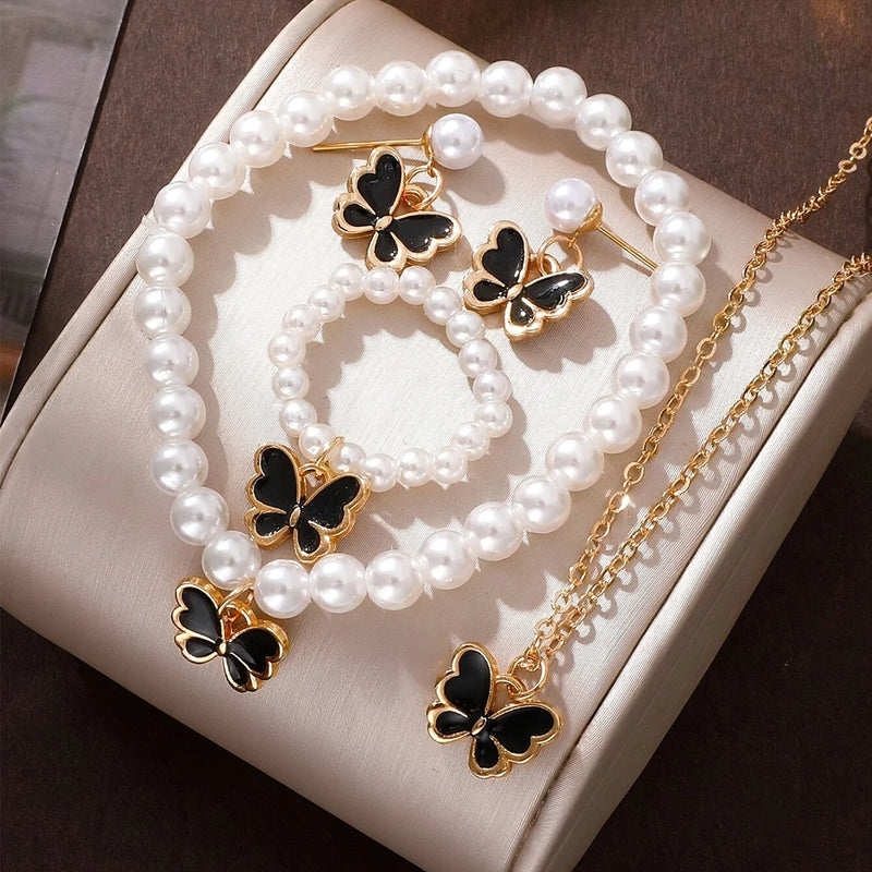 Lucky Five-Leaf Clover Five-Petal Flower Bracelet, Earrings and Necklace Three-Piece Set for Women Elegant Accessories Party Jewelry