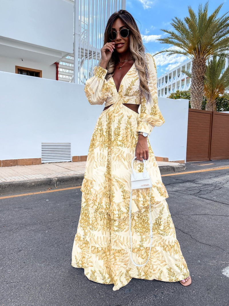 Women's Elegant V-neck Long Sleeve Maxi Dress Spring Summer Printed V-neck Long Sleeve Dress
